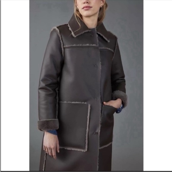 ANTHROPOLOGIE Maeve Kerry Reversible Faux Fur Shearling Long Coat Dark Grey NWT - Picture 3 of 14